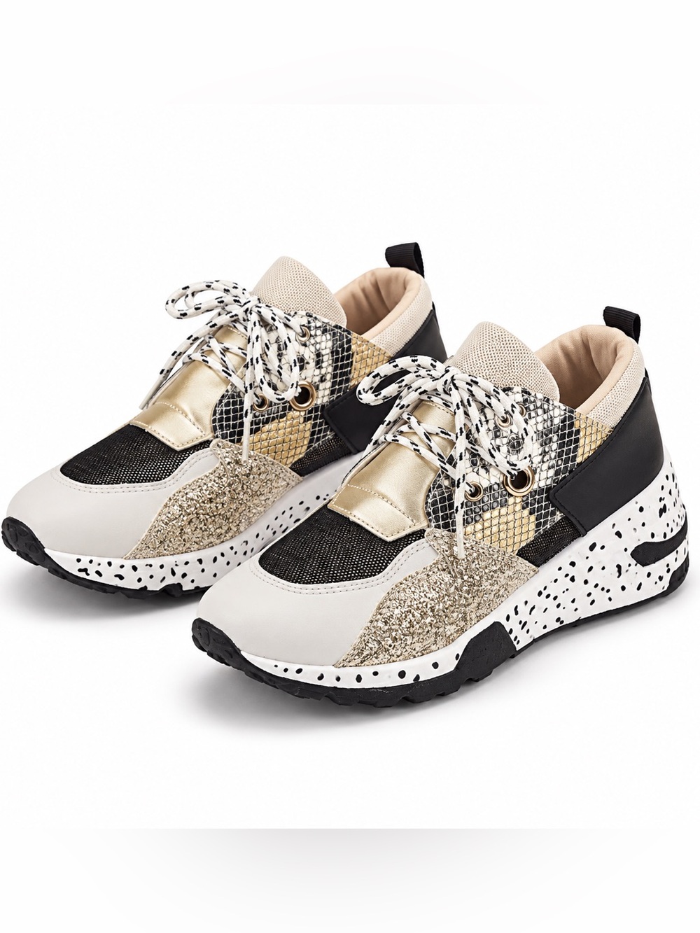Black, White, & Gold Colorblock Women's Fashion Leopard Chunky Sneakers Size 10